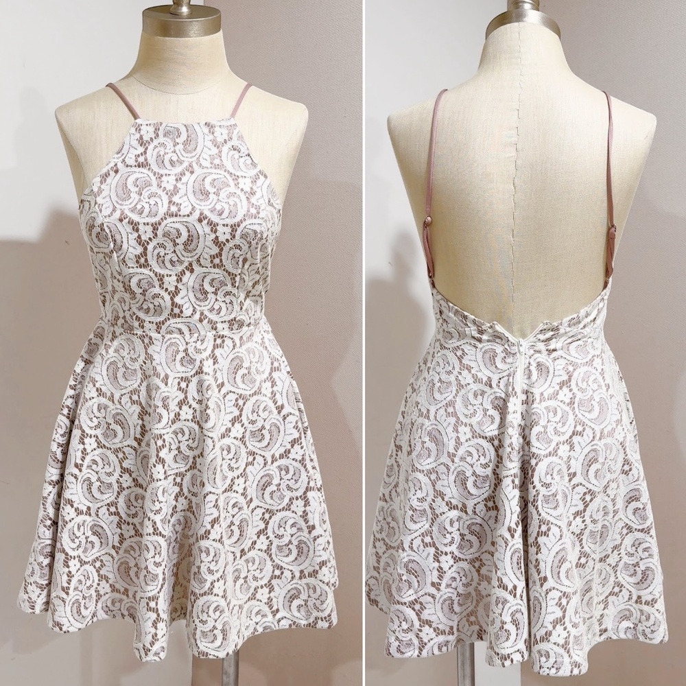 Trac Ivory Lace Fit & Flare Open Back Halter Mini Cocktail Dress Size XS